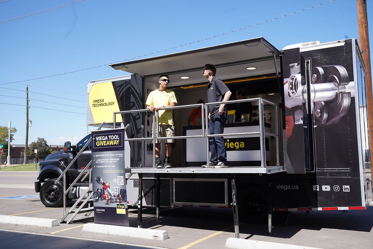 Viega Roadshow truck with tools and giveaways during on-site training event