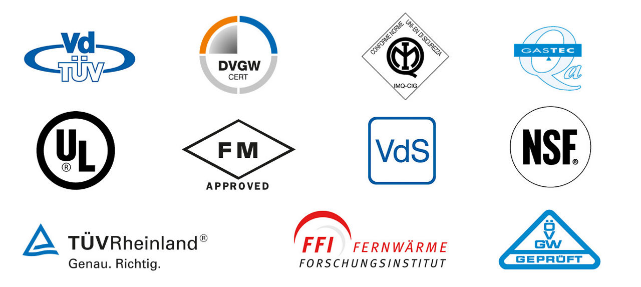 Viega Zertifikate und Auszeichnungen, TÜV, DVGW, VdS, NSF, UL, GW geprüft, GASTEC, Fernwärme Forschungsinstitut