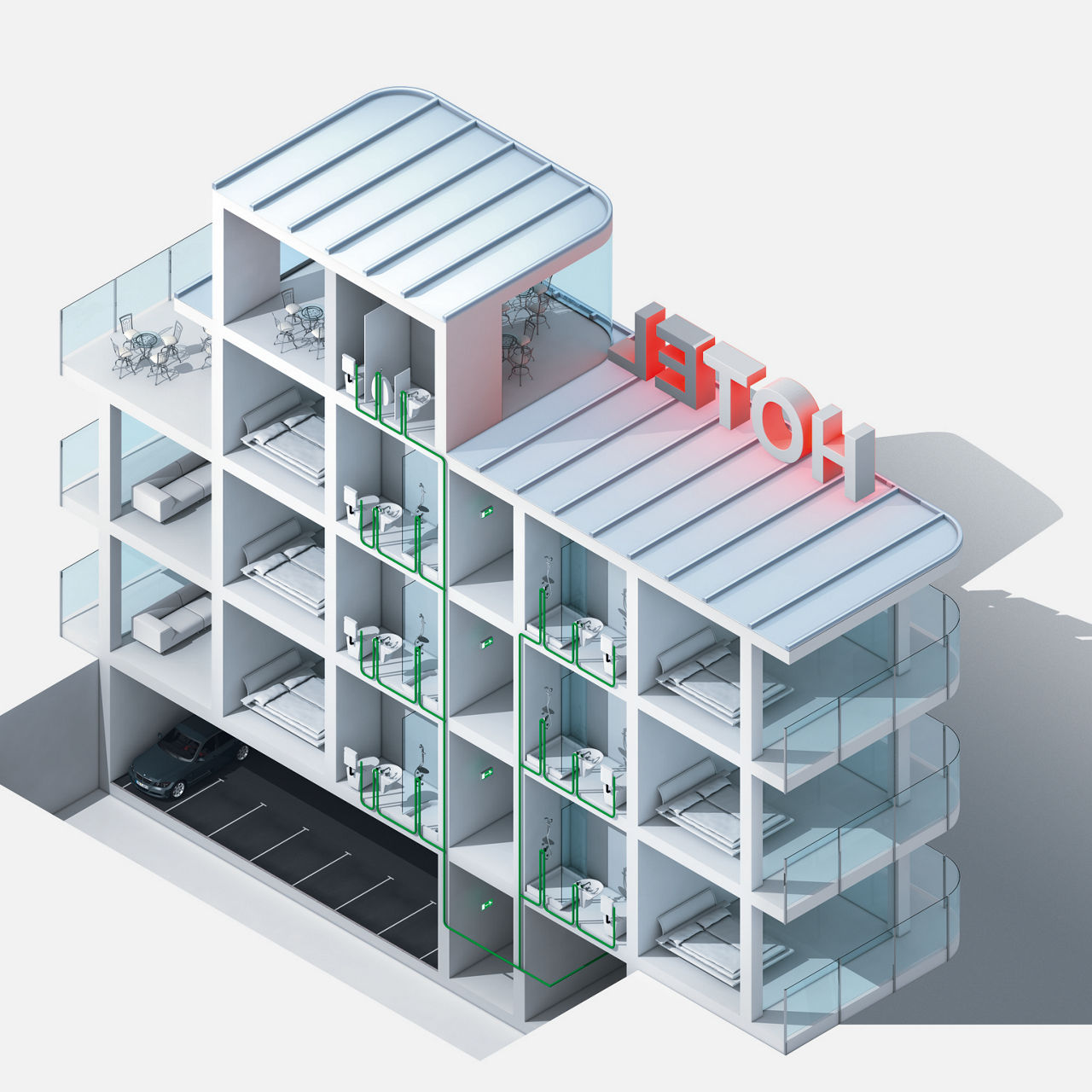 Cold water installations in a building with interruptions in use on a room / apartment basis, for example, hotels, hospitals, care homes and larger residential units.