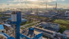 Stock image of an overheadshot of industrial builidngs