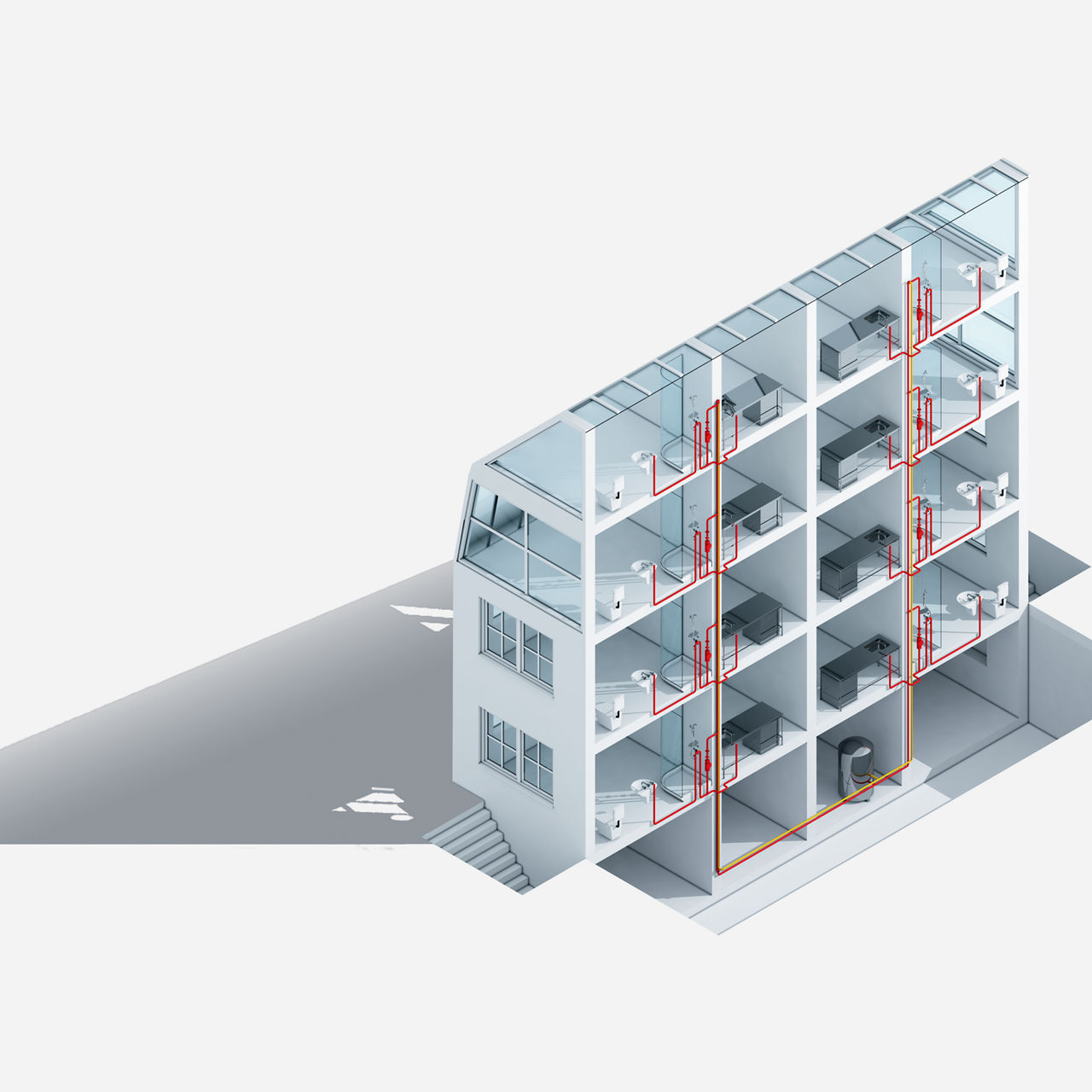 Drinkwaterinstallaties in gebouwen met eigen installaties per vertrek, bijvoorbeeld hotels en ziekenhuizen