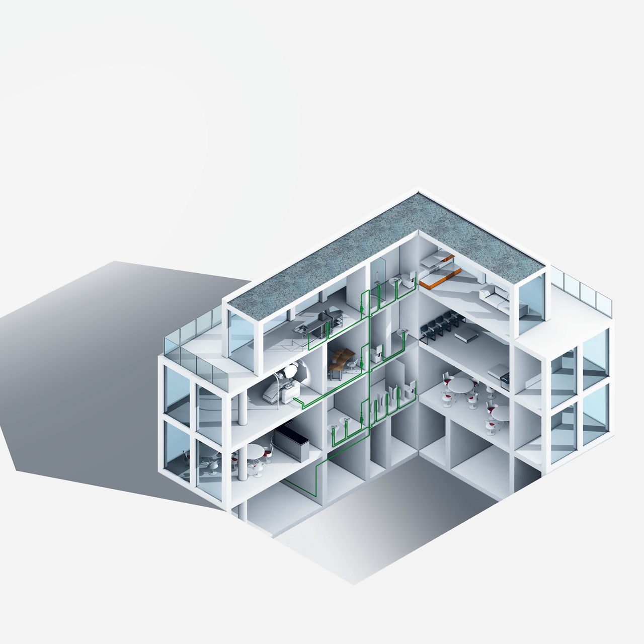 Cold water installation in a building with interruption in use on a storey for storey basis, e.g. a commercial building with a variety of businesses.