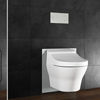 Das neue Eco Plus-Dusch-WC-Element ist werkseitig für einen Strom- und Wasseranschluss vorbereitet (l.). Mit der eleganten Glasabdeckung fügt sich das neue Eco Plus-Dusch-WC-Element auch optisch harmonisch in das Bad ein. 