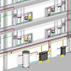 „AquaVip Solutions“ basiert auf einer digital vollständig vernetzten Trinkwasser-Installation. Ein abgestimmtes System aus AquaVip-Sensoren für Temperatur, Durchfluss und Wasserdruck (8) sowie untereinander kommunizierenden AquaVip-Controllern (1) analysiert kontinuierlich die Betriebszustände in der Anlage. Werden Abweichungen von Soll-Werten festgestellt, steuert das System automatisch nach – vom automatisierten Wasserwechsel über die Temperaturhaltung bis hin zur Ultrafiltration. Die weiteren Komponenten: (2) Prevista Dry-WC-Element mit integrierter AquaVip-Spülstation, (3) Prevista Dry-Waschtisch-Element mit AquaVip Hygienespülarmatur, (4) AquaVip-Zirkulationsregulierventil elektronisch, (5) AquaVip-Durchfluss-Trinkwassererwärmer (DTE), (6) AquaVip-Ultrafiltrationsmodul (UFC), (7) bei Bedarf AquaVip-Durchfluss-Trinkwasserkühler (DTK). (Grafik: Viega)