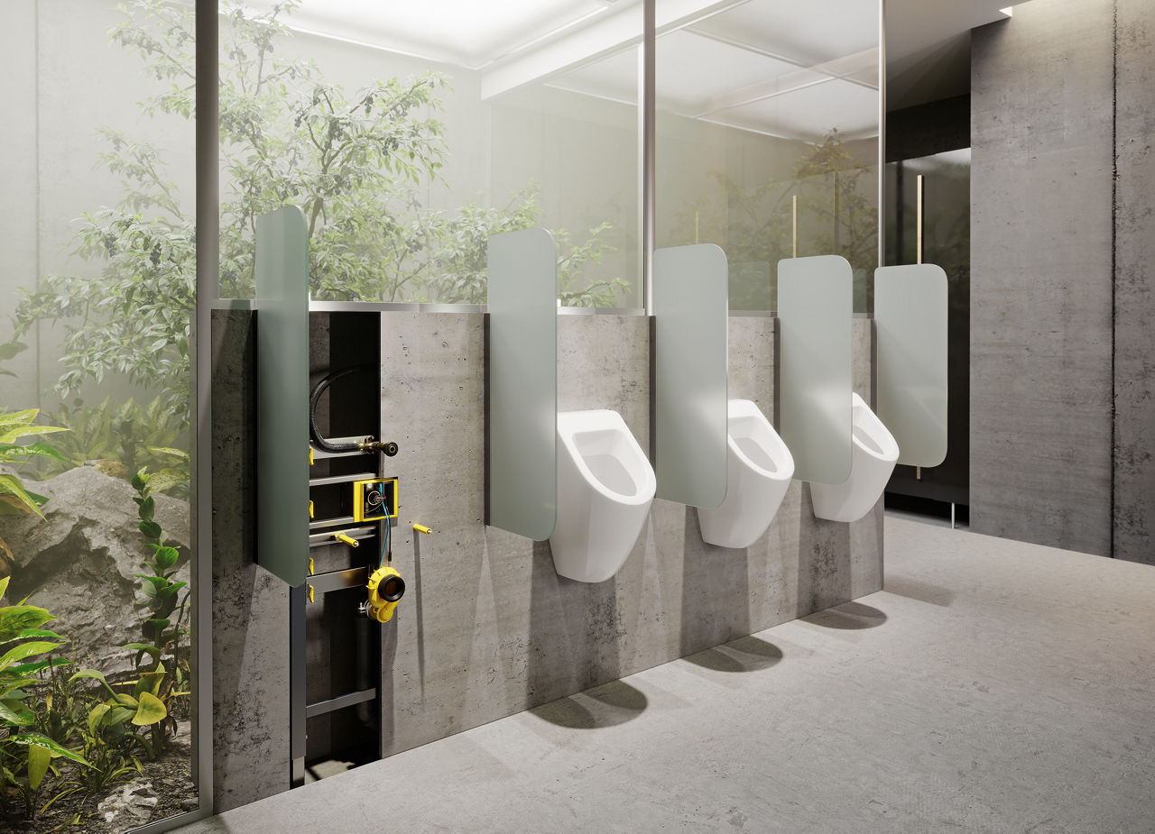 Bei der verdeckten Spülauslösung sitzt die Technik im Inneren des Urinalsiphons. Hier registriert der Sensor (gelbes unteres Bauteil) die bei der Benutzung entstehenden Strömungs- und Temperaturänderungen und löst automatisch eine Spülung aus. (Foto: Viega)