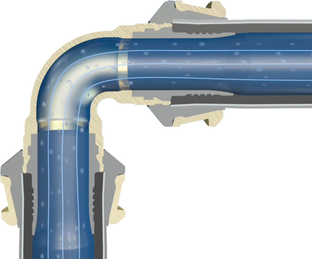 Raxofix bøjning, der er hydraulisk optimeret for at minimere strømningsmodstande, og som sikrer maksimal flowkapacitet.