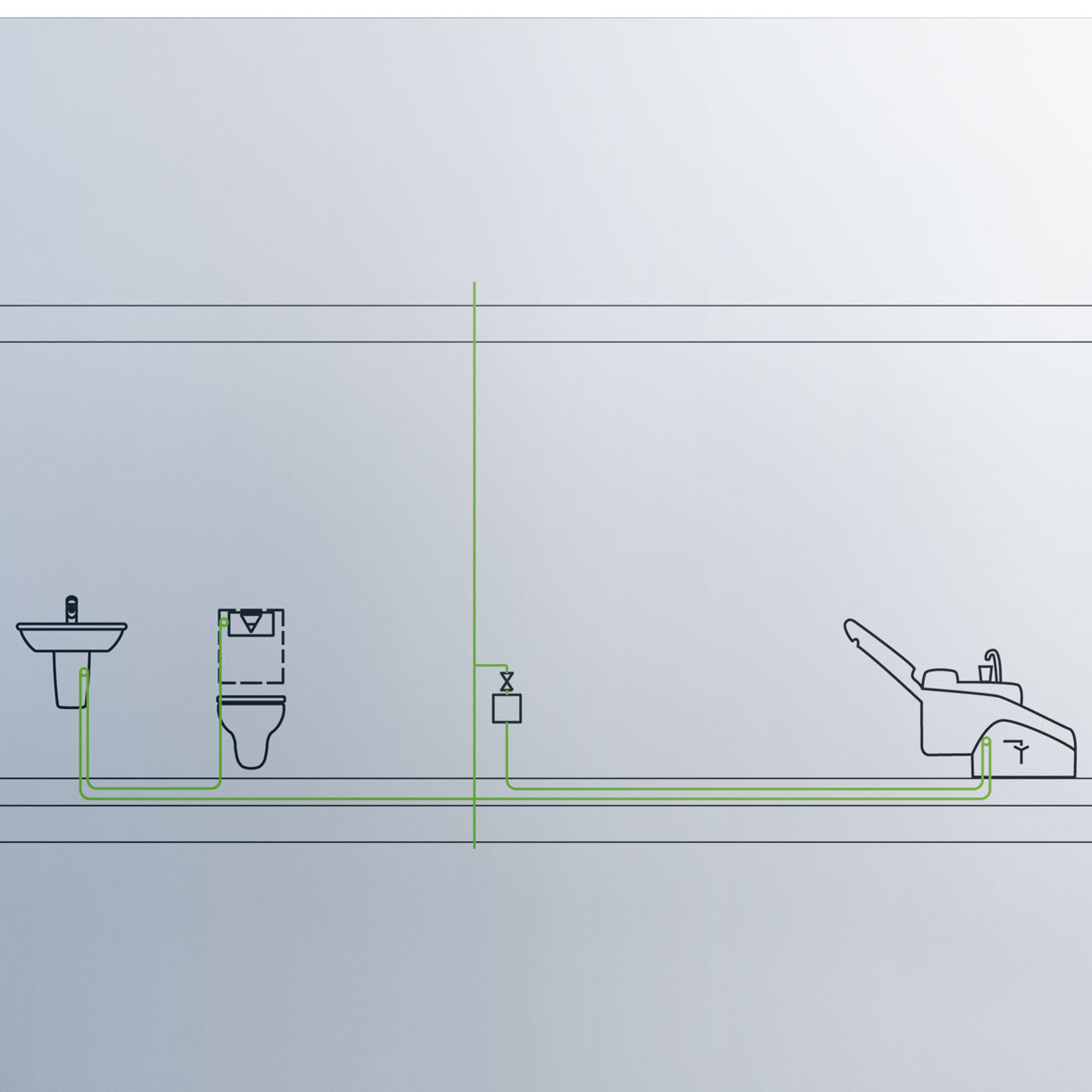 The installation of an actuating panel with Viega Hygiene+ flushing function at the end of every storey pipe system ensures the hygiene of the drinking water permanently. The most frequently used extraction point (the WC), is at the end of the pipe.