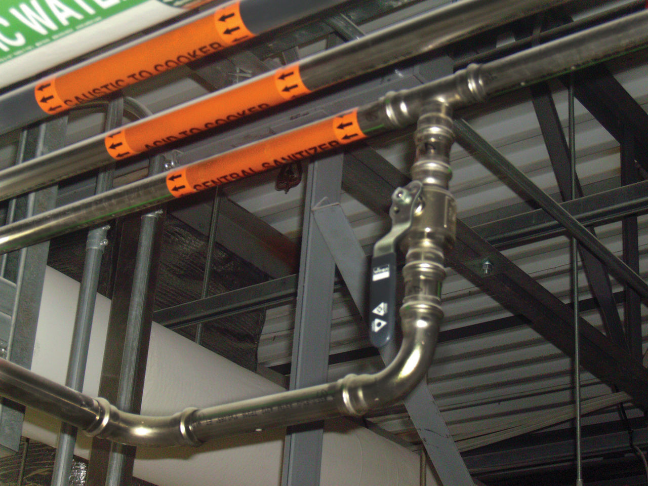 Stainless steel piping system installed for water, air, and process lines in food production facility