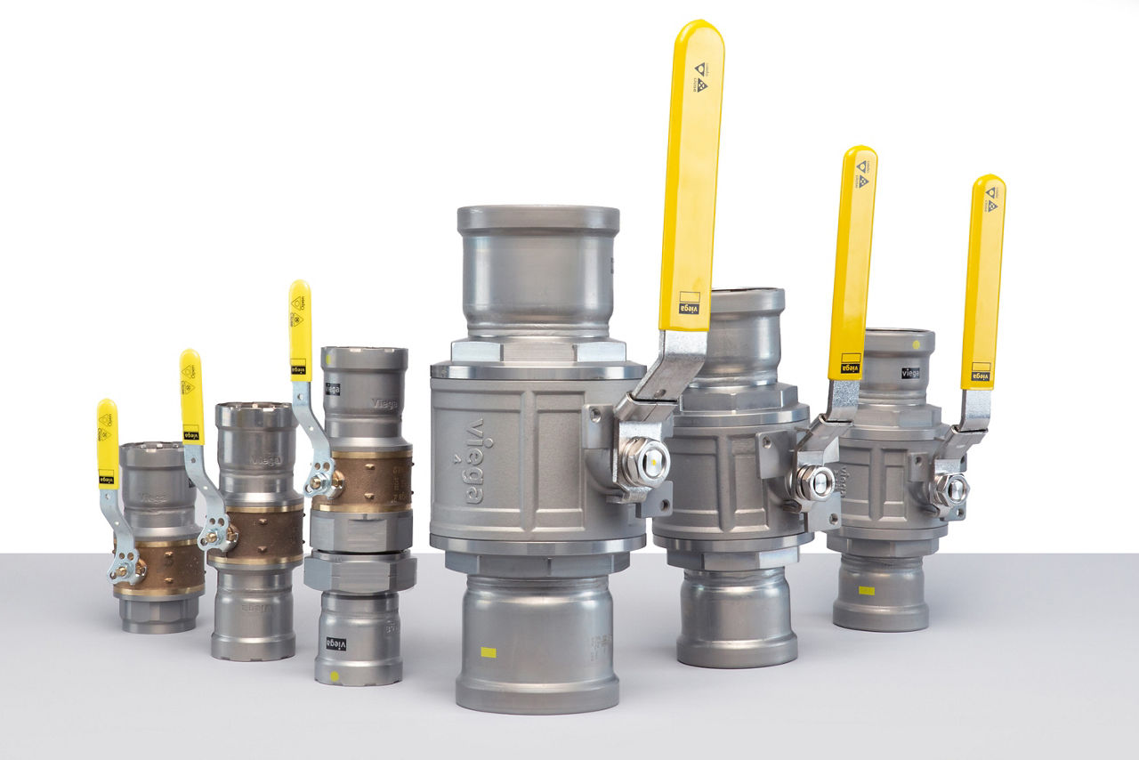 line up of MegaPress Valves with yellow handles